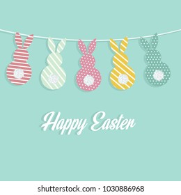 Happy Easter holiday greeting card with bunnies hanging on a clothesline. Vector illustration