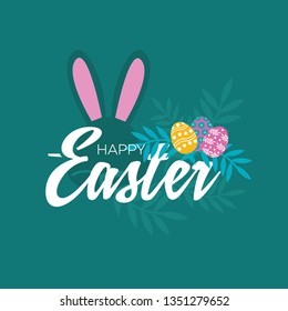 Happy Easter holiday greeting card, poster, banner typographical background with the composition of flowers, eggs, rabbit. International design celebration of spring, meeting of spring.