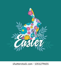 Happy Easter holiday greeting card, poster, banner with a composition of flowers and a sitting rabbit. International design celebration of spring, meeting of spring. Vector illustration
