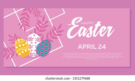 Happy Easter holiday greeting card, poster, banner. The composition of flowers, eggs, gently pink background. International design celebration of spring, meeting of spring. Vector illustration