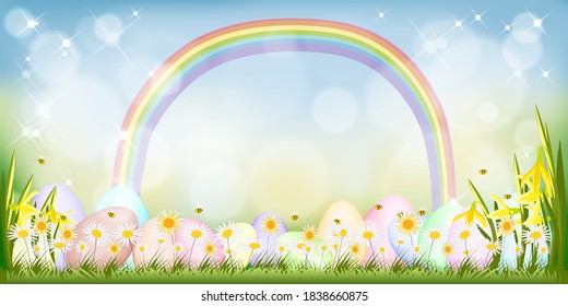 Feliz tarjeta de saludo de Pascua con fondo natural con arcoiris, caza de huevos pastel de Pascua en flores de hierba verde y abejas volando sobre fondo de bokeh.Espacio de copia de dibujos animados ilustrativos 