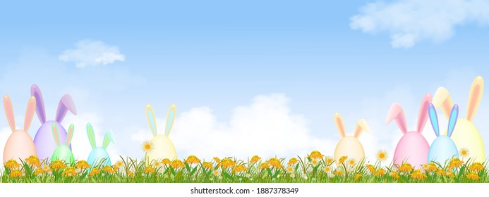 Happy Easter holiday greeting card with pastel Easter bunny egg hunt, sunflower and green grass on fluffy cloud, Summer landscap with sunflowers and daisy against blue sky,Banner for Easter background