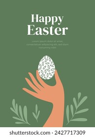 Happy Easter holiday greeting card, poster, invitation, design element, banner template. Human hand holding white painted Easter egg on green background. Decor eggshell. Isolated vector illustration