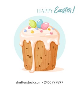 Tarjeta de felicitación feliz del día de Pascua con el pastel de Pascua adornado con huevos de color chocolate y letras. 