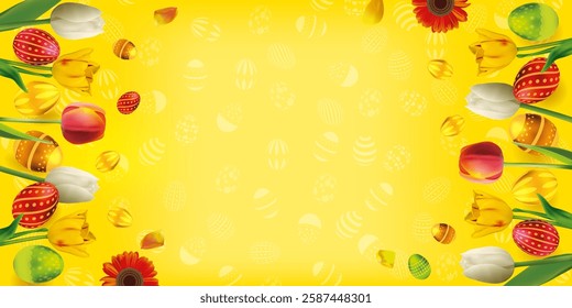 Happy Easter holiday greeting card, postcard, poster, flyer, hunting holiday design vector illustration. Happy easter eggs banner background card. Easter template with eggs and spring flowers tulips