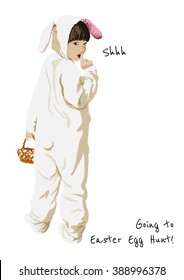 Happy easter holiday greeting card with girl in a bunny costume holding a basket going to egg hunt.