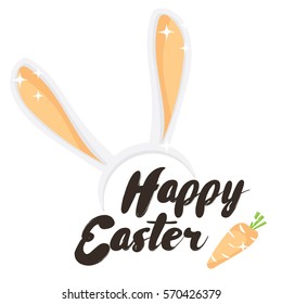Happy Easter. Holiday greeting card with calligraphy elements. Easter lettering with cartoon carrot and bunny ears.