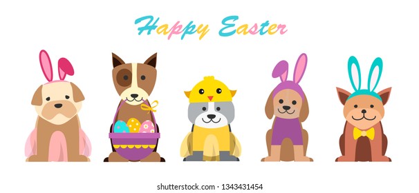 Happy Easter holiday greeting with cute dogs in Easter costumes with bunny ears and basket with eggs, vector illustration