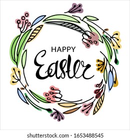 Happy Easter holiday greeting inside a wreath. Isolated on white background