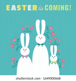 Happy Easter Holiday greeting poster. Cute free hand drawn letters retro design. Decorative easter bunny cartoon vector. Festive celebration invitation christian event party background illustration
