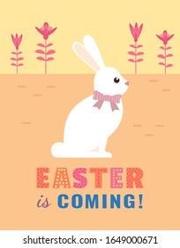 Happy Easter Holiday greeting poster. Cute hand drawn letters retro design. Decorative easter bunny cartoon vector flyer template. Festive invitation christian event party background illustration