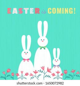 Happy Easter Holiday greeting poster. Cute free hand drawn letters retro design. Decorative easter bunny cartoon vector. Festive celebration invitation christian event party background illustration