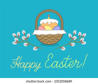 Happy Easter! Holiday greetings card. Wicker basket with bread or traditional cake, eggs, napkin, willow branch. Illustration on blue background. Hand drawn lettering. 