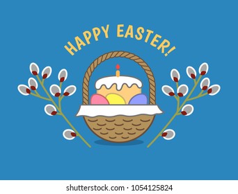 Happy Easter! Holiday greetings card. Wicker basket with bread or traditional cake, eggs, napkin, willow branch. Illustration on blue background. 