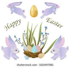 Happy Easter holiday hares and rabbits in the grass