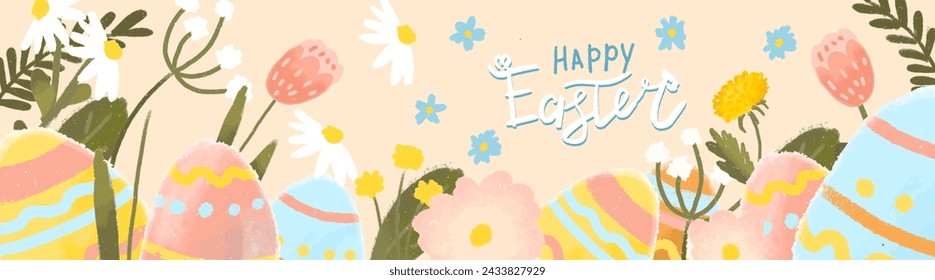 Happy Easter for holiday header, in a hand-drawn style in a trendy design. With funny bunnies, Easter eggs, little yellow clings and spring flowers.