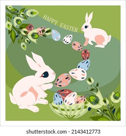 Happy Easter holiday and Hello spring design with lettering for banner, greeting card vector illustration