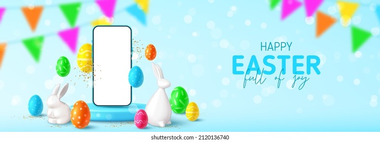 Happy Easter holiday horizontal banner. Easter banner with smartphone on podium, eggs, rabbit, bunny, golden confetti and garland on blue background. Vector illustration with 3d decorative objects.