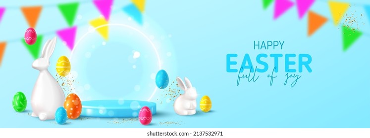 Happy Easter holiday horizontal banner. Easter banner with smartphone on podium, eggs, rabbit, bunny, golden confetti and garland on blue background. Vector illustration with 3d decorative objects.