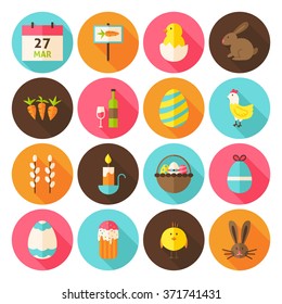 Happy Easter Holiday Icon Set with long Shadow. Flat Design Vector Illustration. Spring Religion Holiday. Collection of Circle website Icons.