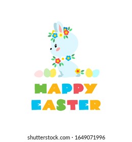 Happy Easter. Holiday Easter illustration in cartoon style. Little white bunny decorated with flowers. Can be used for Easter invitation or greeting card. Vector 8 ESP.