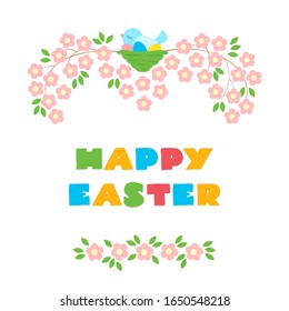 Happy Easter. Holiday Easter illustration in cartoon style. Cute bird sitting in the nest on the blooming tree. Can be used for Easter invitation or greeting card. Vector 8 ESP.