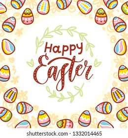Happy Easter holiday Illustration with coloured eggs and lettering, calligraphy text. Hand drawn art in cartoon style for greeting card, poster, decoration