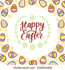 Happy Easter holiday Illustration with coloured eggs and lettering, calligraphy text. Hand drawn art in cartoon style for greeting card, poster, decoration