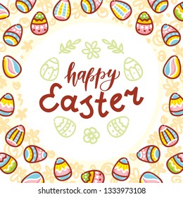 Happy Easter holiday Illustration with cute Easter Bunny, colored eggs and lettering, calligraphy text. Hand drawn art in vector cartoon style for greeting card, poster, decoration