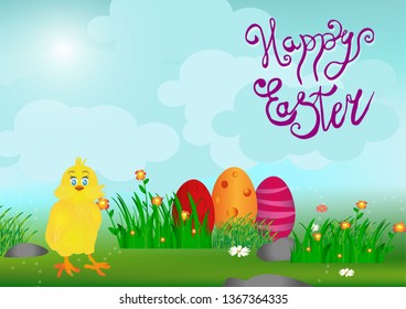 Happy Easter holiday illustration with cute chicken cartoon characters. Happy Easter lettering.