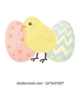 Happy Easter holiday illustration with cute chicken and eggs. Vector illustration.