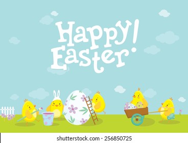 Happy Easter Holiday Illustration With Cute Chicken Cartoon Characters. Happy Easter Lettering. Vector Illustration.