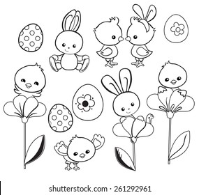  Happy Easter holiday illustration with cute chicken, bunny, duck, lamb cartoon characters.Coloring page.  Vector illustration.