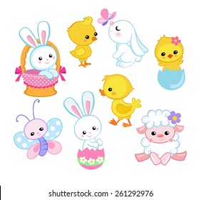  Happy Easter holiday illustration with cute chicken, bunny, duck, lamb cartoon characters.  Vector illustration.