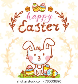 Happy Easter holiday Illustration with cute Easter Bunny, colored eggs, flowers and lettering, calligraphy text. Hand drawn art in vector cartoon style for greeting card, poster, decoration