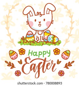 Happy Easter holiday Illustration with cute Easter Bunny, colored eggs, flowers and lettering, calligraphy text. Hand drawn art in vector cartoon style for greeting card, poster, decoration