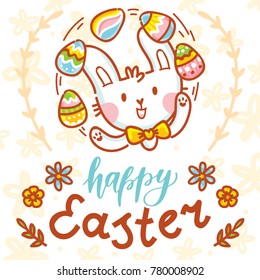 Happy Easter holiday Illustration with cute Easter Bunny, colored eggs, flowers and lettering, calligraphy text. Hand drawn art in vector cartoon style for greeting card, poster, decoration