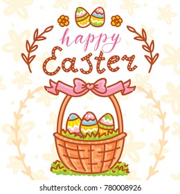 Happy Easter holiday Illustration with cute Easter Bunny, colored eggs, flowers and lettering, calligraphy text. Hand drawn art in vector cartoon style for greeting card, poster, decoration