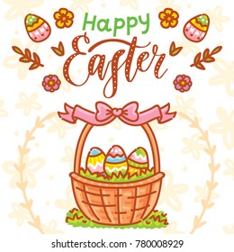 Happy Easter holiday Illustration with cute Easter Bunny, colored eggs, flowers and lettering, calligraphy text. Hand drawn art in vector cartoon style for greeting card, poster, decoration