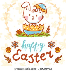 Happy Easter holiday Illustration with cute Easter Bunny, colored eggs, flowers and lettering, calligraphy text. Hand drawn art in vector cartoon style for greeting card, poster, decoration