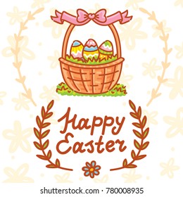 Happy Easter holiday Illustration with cute Easter Bunny, colored eggs, flowers and lettering, calligraphy text. Hand drawn art in vector cartoon style for greeting card, poster, decoration