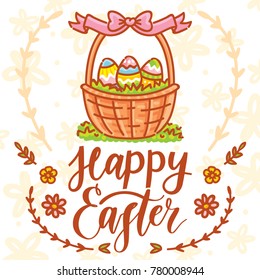 Happy Easter holiday Illustration with cute Easter Bunny, colored eggs, flowers and lettering, calligraphy text. Hand drawn art in vector cartoon style for greeting card, poster, decoration