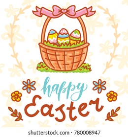 Happy Easter holiday Illustration with cute Easter Bunny, colored eggs, flowers and lettering, calligraphy text. Hand drawn art in vector cartoon style for greeting card, poster, decoration