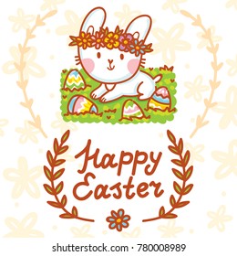Happy Easter holiday Illustration with cute Easter Bunny, colored eggs, flowers and lettering, calligraphy text. Hand drawn art in vector cartoon style for greeting card, poster, decoration