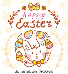 Happy Easter holiday Illustration with cute Easter Bunny, colored eggs, flowers and lettering, calligraphy text. Hand drawn art in vector cartoon style for greeting card, poster, decoration