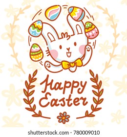 Happy Easter holiday Illustration with cute Easter Bunny, colored eggs, flowers and lettering, calligraphy text. Hand drawn art in vector cartoon style for greeting card, poster, decoration