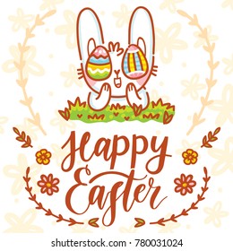 Happy Easter holiday Illustration with cute Easter Bunny, colored eggs, flowers and lettering, calligraphy text. Hand drawn art in vector cartoon style for greeting card, poster, decoration
