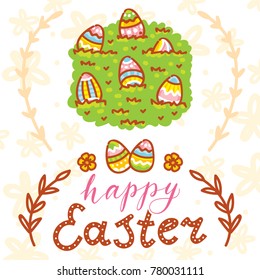 Happy Easter holiday Illustration with cute colored eggs, flowers and lettering, calligraphy text. Hand drawn art in vector cartoon style for greeting card, poster, decoration