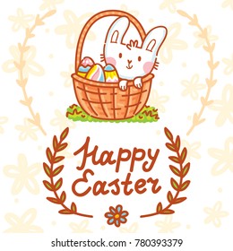 Happy Easter holiday Illustration with cute Easter Bunny, colored eggs and lettering, calligraphy text. Hand drawn art in vector cartoon style for greeting card, poster, decoration