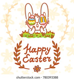 Happy Easter holiday Illustration with cute Easter Bunny, colored eggs and lettering, calligraphy text. Hand drawn art in vector cartoon style for greeting card, poster, decoration